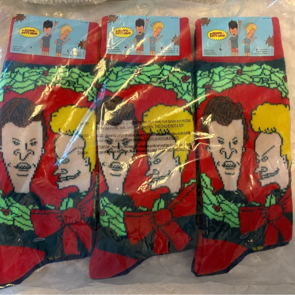 Beavis and Butt-Head Christmas Socks size 6-12 (6 total pairs) 3 Red and 3 Blue